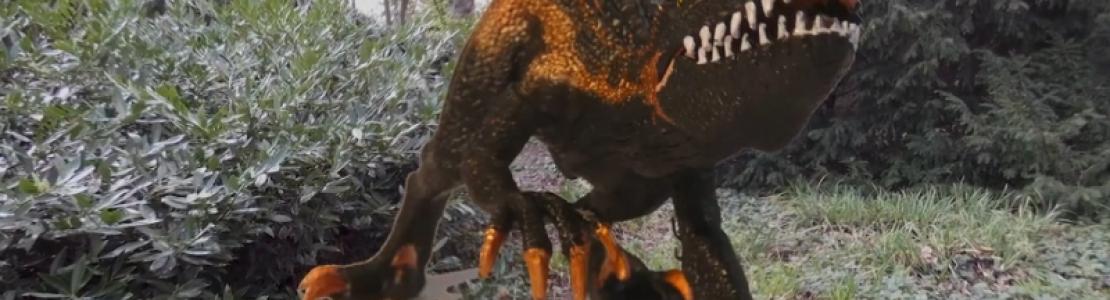 Ein furchterregender Dinosaurier stapft durch einen Wald